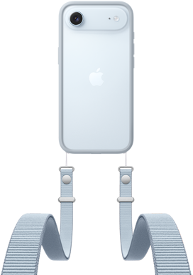 iPhone Air، الجزء الخلفي الخارجي، لون أزرق سماوي، نظام كاميرا Fusion بالقرب من الجزء العلوي، شعار Apple في الوسط، حزام الكتف مع إطار حماية بلون رمادي فاتح