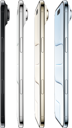 جهاز iPhone Air، الجزء الجانبي الخارجي، الألوان الأربعة كلها: أزرق سماوي، وذهبي فاتح، وأبيض سحابي، وأسود فلكي، تصميم نحيف للغاية، نظام كاميرا Fusion، الأزرار: الزر الجانبي، وزر التحكم في الكاميرا