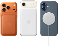 iPhone 17 Pro، الجزء الخلفي الخارجي، لون [O7]، مع حافظة من السيليكون بلون بنّي سيينا ومحفظة من نسيج محبوك مع MagSafe بلون برتقالي دافئ؛ iPhone Air، الجزء الخلفي الخارجي، لون أبيض سحابي، مع بطارية Magsafe؛ iPhone 17، الجزء الخلفي الخارجي، لون أزرق ضبابي، مع حافظة من السيليكون بلون أزرق حديدي وشاحن MagSafe‏