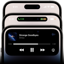 iPhone 14 Pro screens showcasing three different states of Dynamic Island.