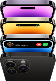 iPhone 14 Pro in four different colors — Space Black, Blue, Gold, and Deep Purple. One model shows the back of the phone and the other three show the front view of the display.