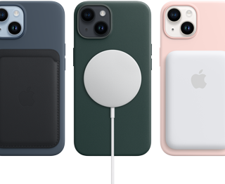 iPhone 14 MagSafe cases in midnight, forest green, and chalk pink with MagSafe accessories, wallet, charger, and a battery pack.