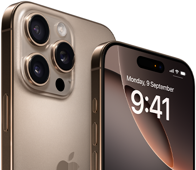 Two models, iPhone 16 Pro Max, Desert Titanium, back exterior, iPhone 16 Pro, Desert Titanium, front exterior, Apple Intelligence glow around screen