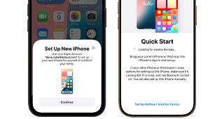 A new iPhone being set up next to an older iPhone, using Quick Start to guide the user through a data transfer