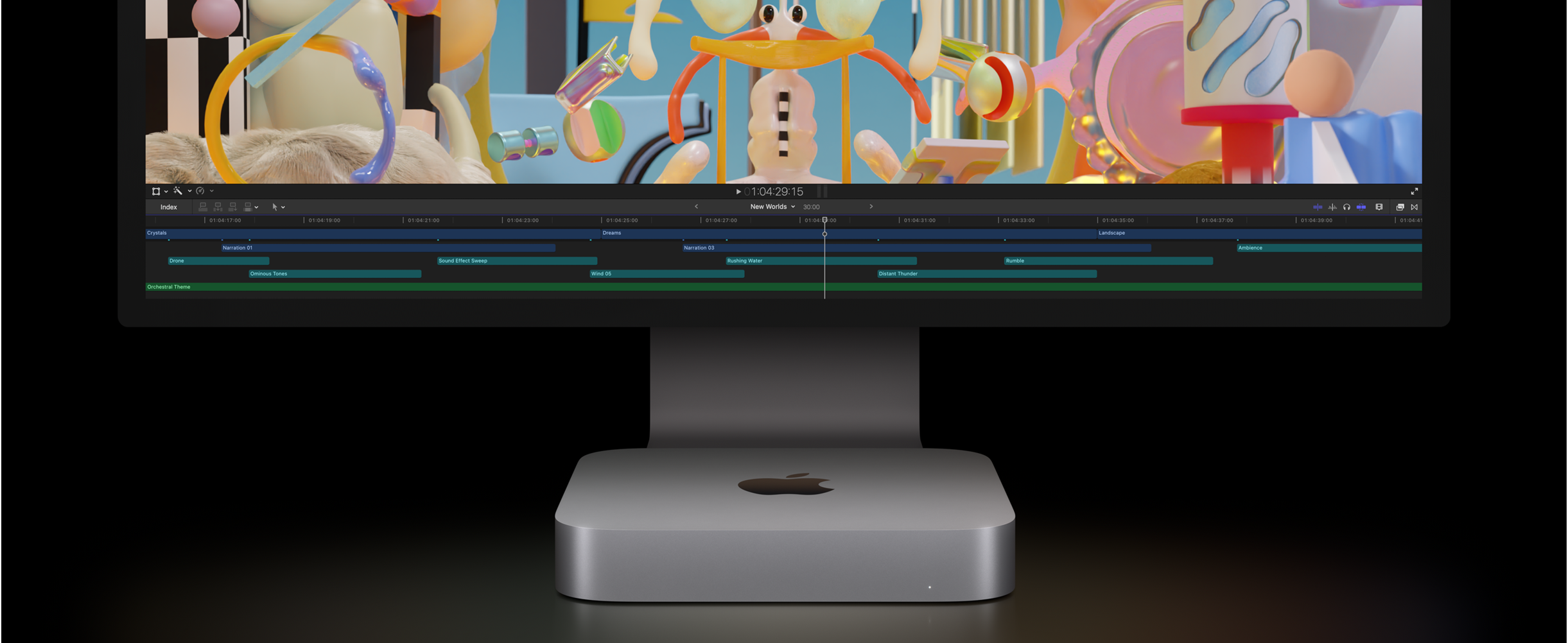 صورة أمامية لجهاز Mac mini وشاشة Studio Display تُظهر مشروع تعديل فيديو في Final Cut Pro.