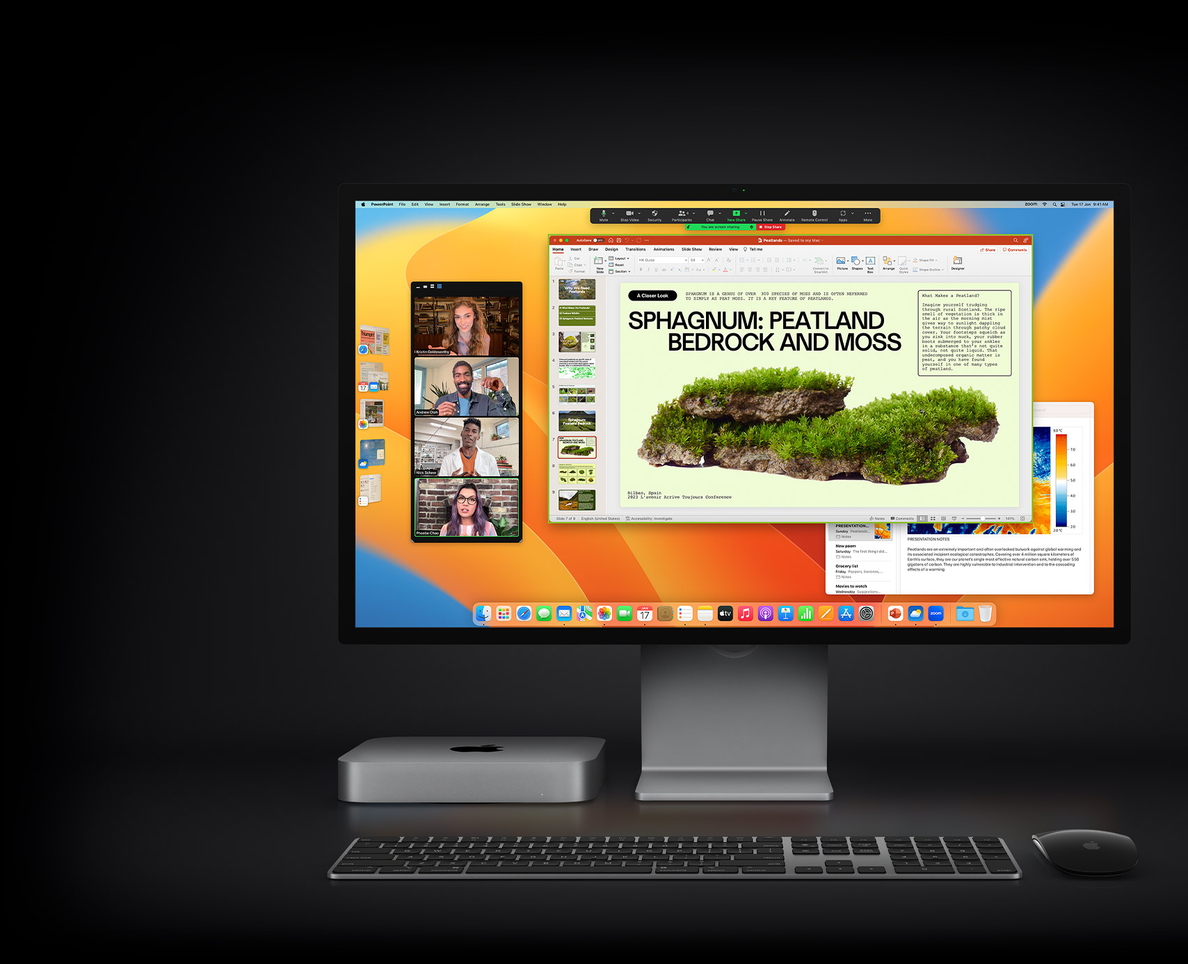 Mac mini with Magic Mouse, Magic Keyboard, and Studio Display showing a Microsoft PowerPoint presentation being shared in a Zoom meeting, with the Notes app in the background.