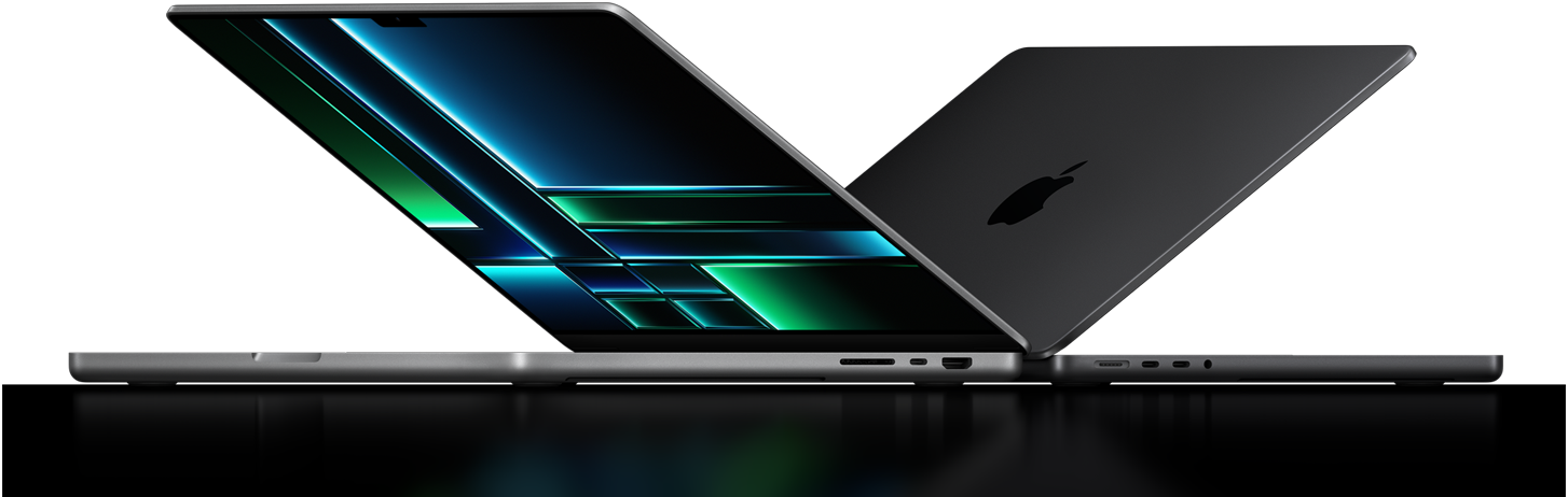 صورة جانبية لجهازي MacBook&nbsp;Pro‏ مفتوحين جزئياً.