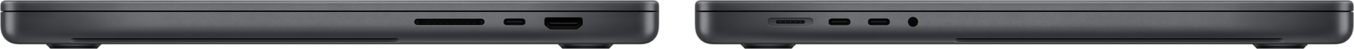 Side view of the MacBook Pro, showing the SDXC card slot, three Thunderbolt 4 ports, HDMI port, MagSafe 3 charging port, and headphone jack.
